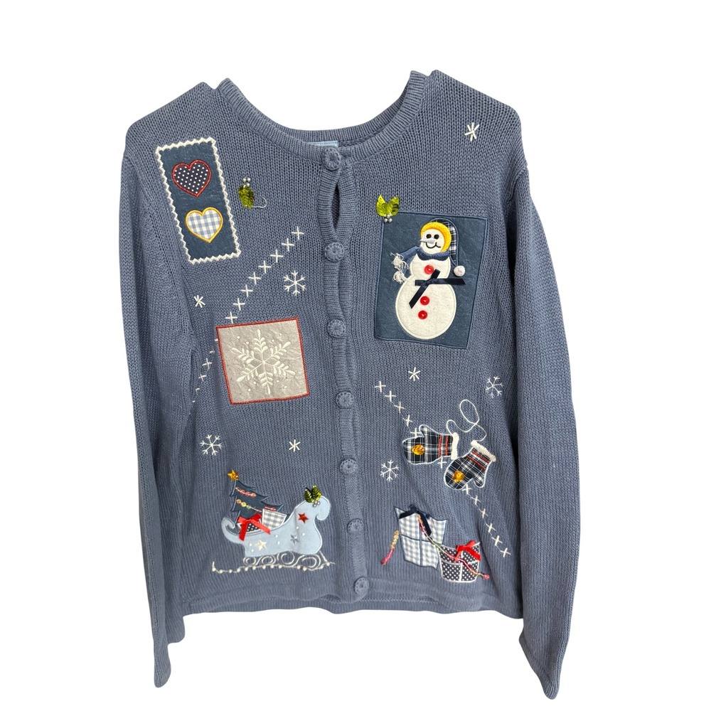 Holiday Editions Blue Snowman Snowflake Christmas Cardigan Sweater Large